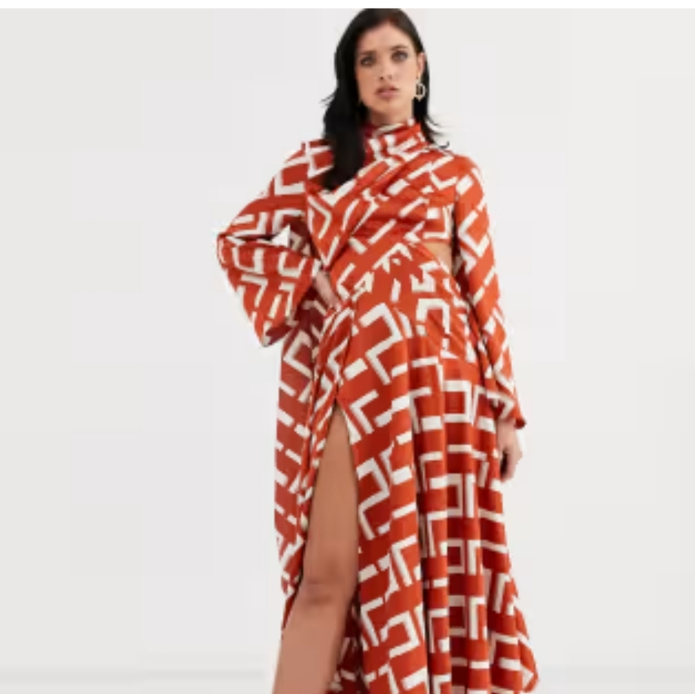 ASOS Orange Geometric Long Sleeve Wrap Dress NWT